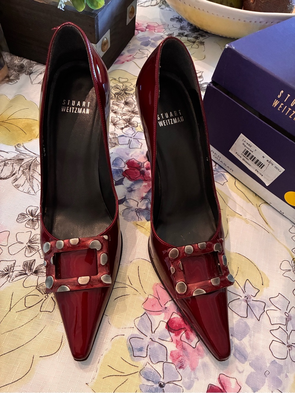 Stuart Weitzman Burgundy Patent Leather Pointed-Toe Pumps with Buckle Detail